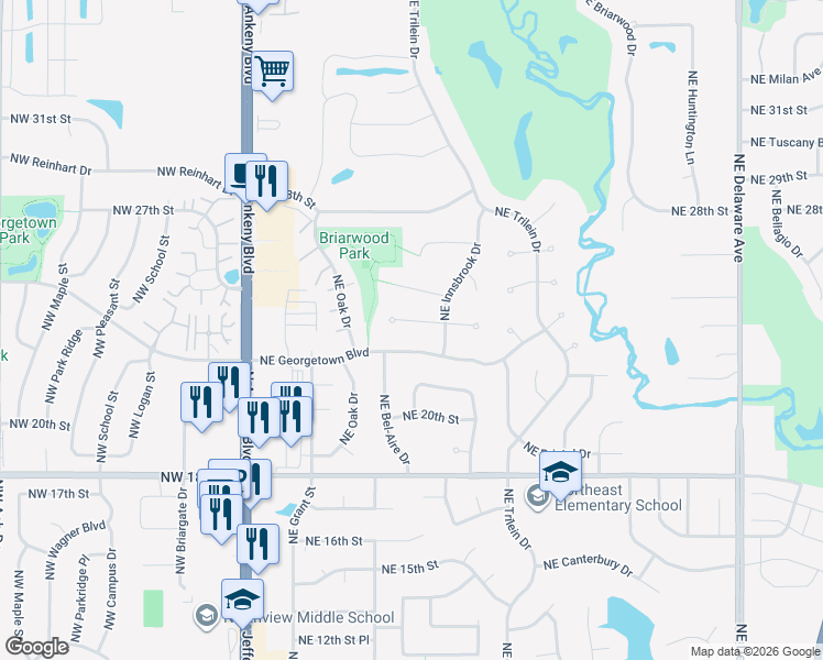 map of restaurants, bars, coffee shops, grocery stores, and more near 404 Northeast 24th Court in Ankeny