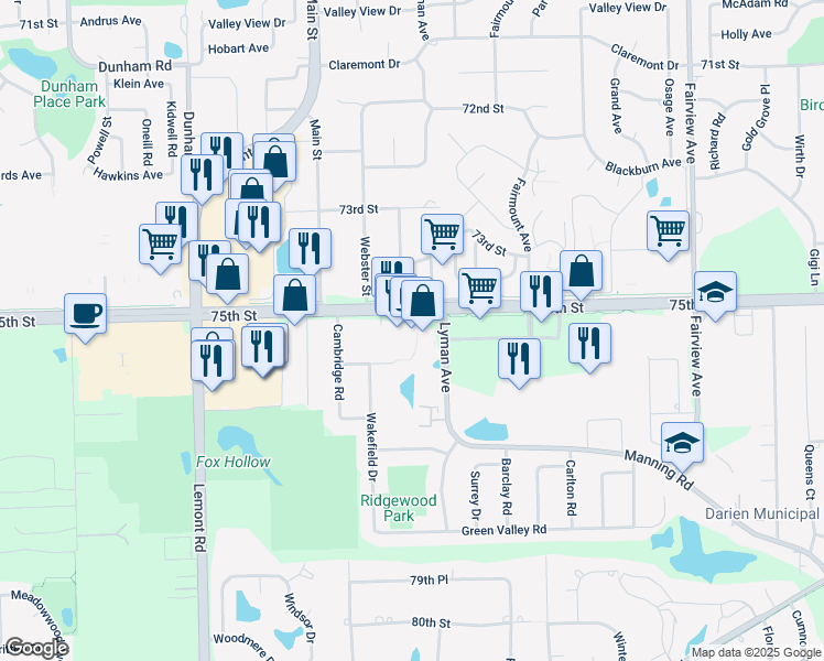 map of restaurants, bars, coffee shops, grocery stores, and more near 2445 75th Street in Darien