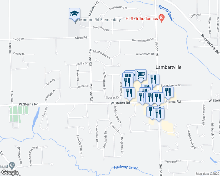 map of restaurants, bars, coffee shops, grocery stores, and more near 7529 Westchester Street in Lambertville