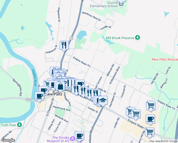 map of restaurants, bars, coffee shops, grocery stores, and more near 38 Prospect Street in New Paltz