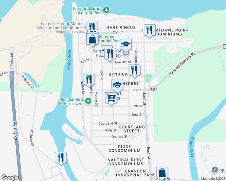 map of restaurants, bars, coffee shops, grocery stores, and more near 6th Street in Fairport Harbor