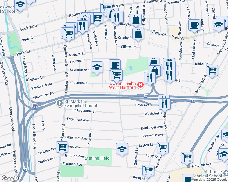 map of restaurants, bars, coffee shops, grocery stores, and more near 14 Saint Charles Street in West Hartford