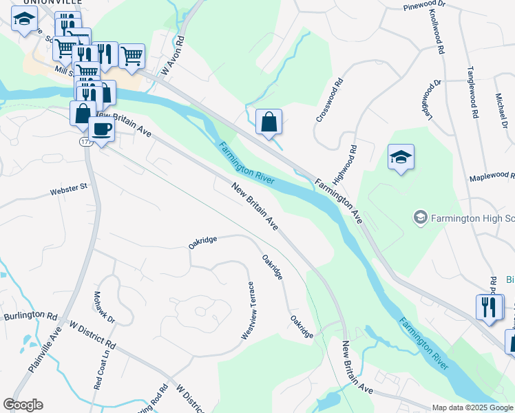 map of restaurants, bars, coffee shops, grocery stores, and more near 277 New Britain Avenue in Farmington