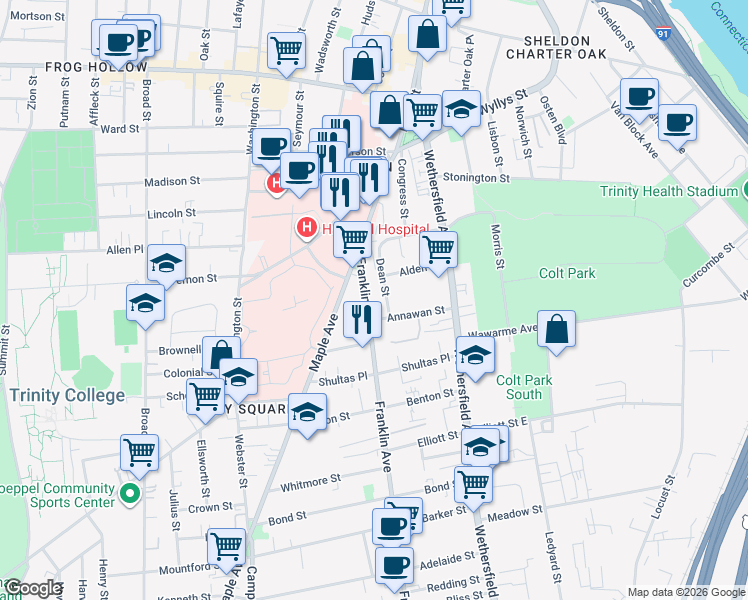 map of restaurants, bars, coffee shops, grocery stores, and more near 43 Franklin Avenue in Hartford