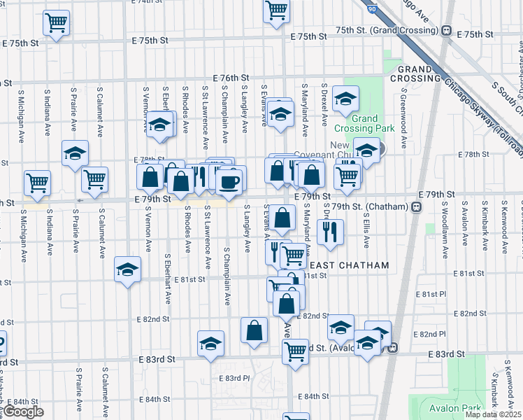 map of restaurants, bars, coffee shops, grocery stores, and more near 743 East 79th Street in Chicago