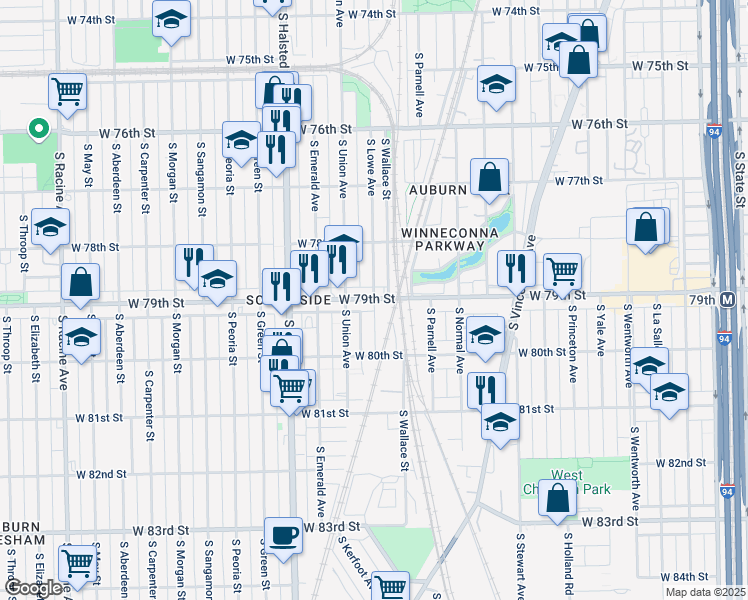 map of restaurants, bars, coffee shops, grocery stores, and more near West 79th Street & South Lowe Avenue in Chicago