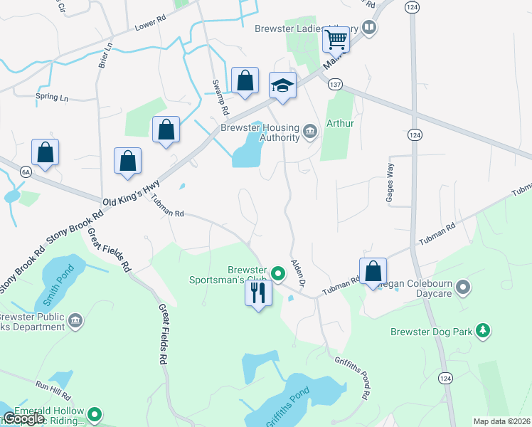 map of restaurants, bars, coffee shops, grocery stores, and more near 54 Susan Lane in Brewster