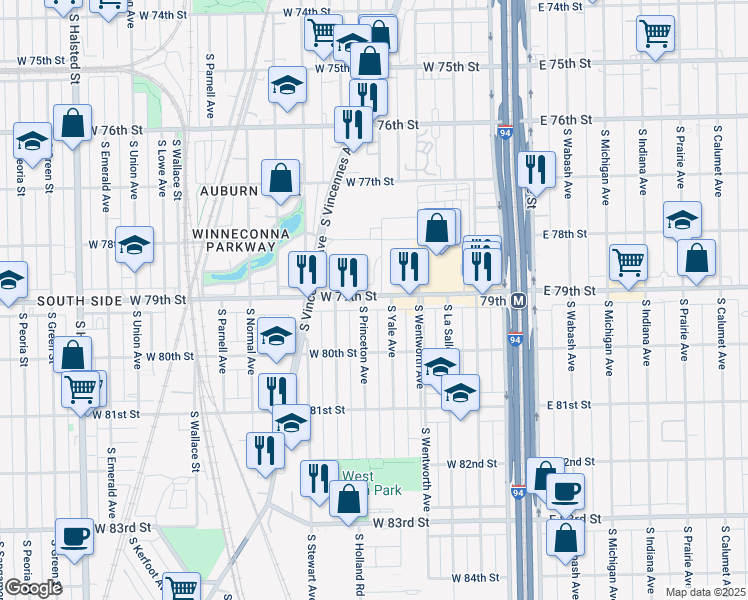 map of restaurants, bars, coffee shops, grocery stores, and more near 251 West 79th Street in Chicago