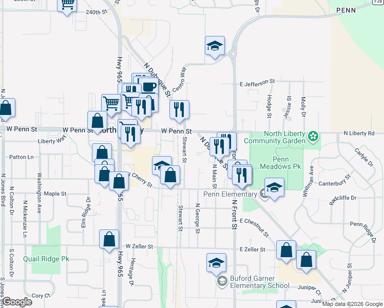 map of restaurants, bars, coffee shops, grocery stores, and more near 425 North Dubuque Street in North Liberty