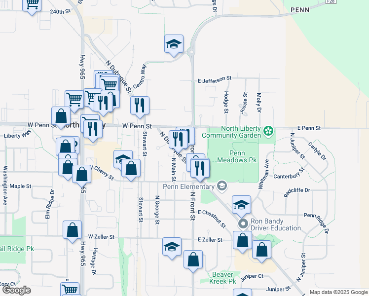 map of restaurants, bars, coffee shops, grocery stores, and more near 450 North Dubuque Street in North Liberty