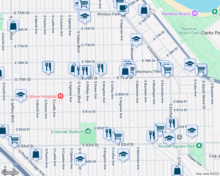 map of restaurants, bars, coffee shops, grocery stores, and more near 7925 South Colfax Avenue in Chicago