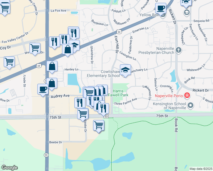 map of restaurants, bars, coffee shops, grocery stores, and more near 2517 Dunraven Avenue in Naperville