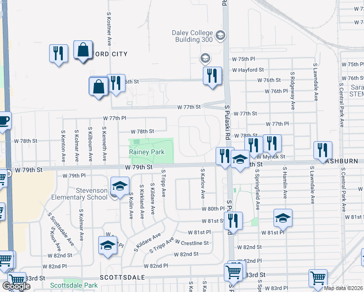 map of restaurants, bars, coffee shops, grocery stores, and more near 7835 South Keeler Avenue in Chicago