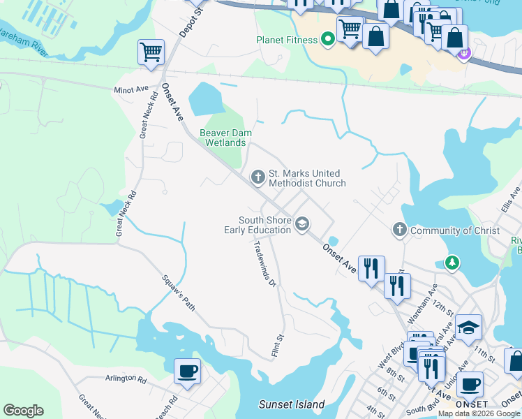 map of restaurants, bars, coffee shops, grocery stores, and more near 5 Freshmeadow Drive in Wareham