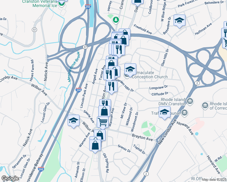 map of restaurants, bars, coffee shops, grocery stores, and more near 781 Oaklawn Avenue in Cranston