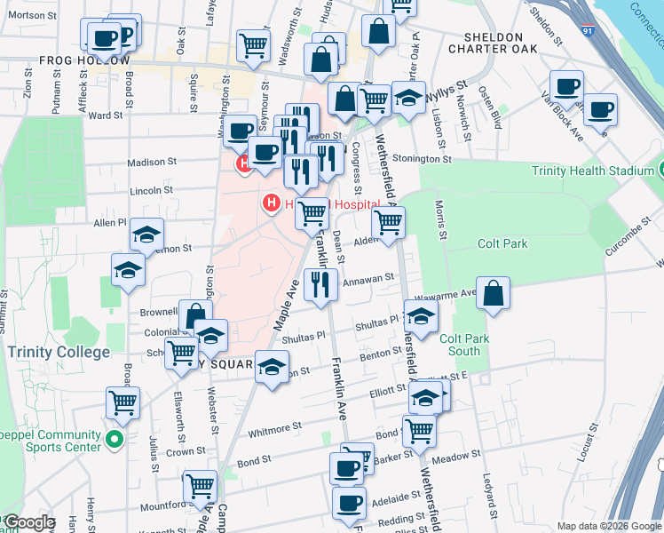 map of restaurants, bars, coffee shops, grocery stores, and more near 43 Franklin Avenue in Hartford