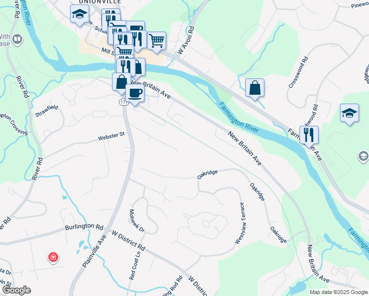 map of restaurants, bars, coffee shops, grocery stores, and more near 95 Forest Street in Farmington