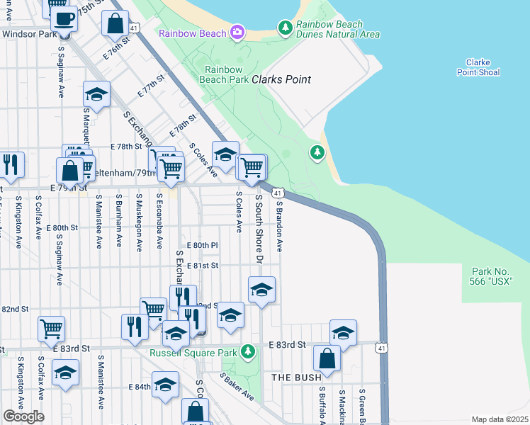 map of restaurants, bars, coffee shops, grocery stores, and more near 7931 South South Shore Drive in Chicago