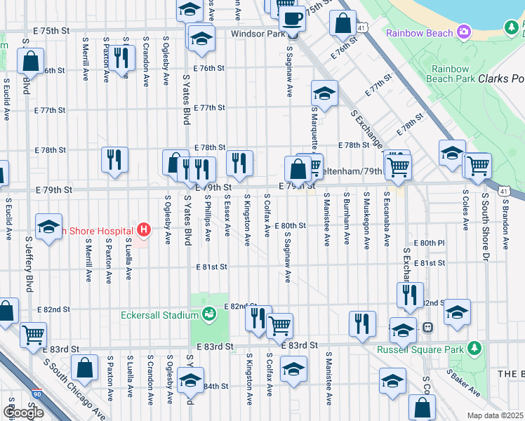 map of restaurants, bars, coffee shops, grocery stores, and more near 7925 South Colfax Avenue in Chicago