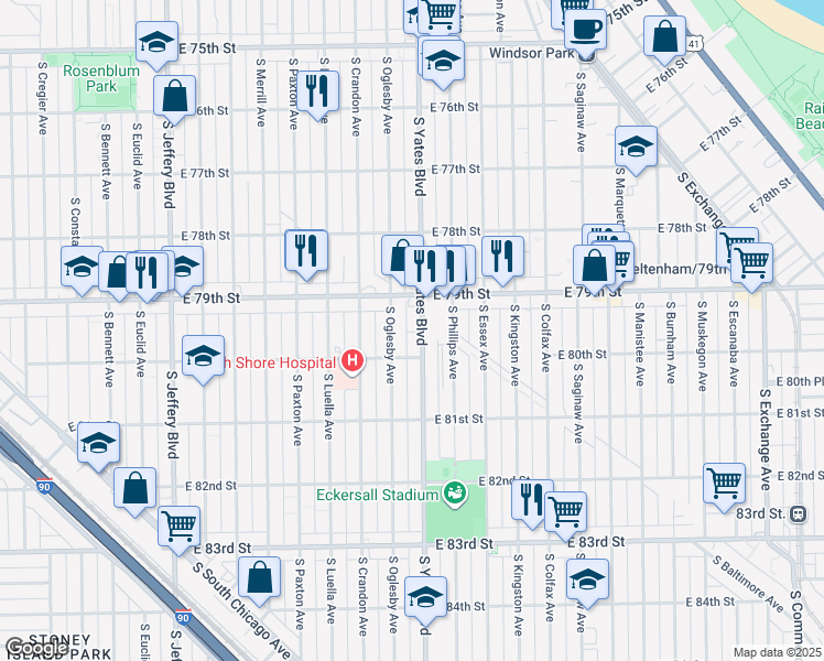 map of restaurants, bars, coffee shops, grocery stores, and more near 7921 South Oglesby Avenue in Chicago