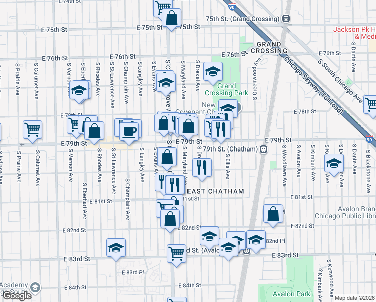 map of restaurants, bars, coffee shops, grocery stores, and more near 7906 South Drexel Avenue in Chicago