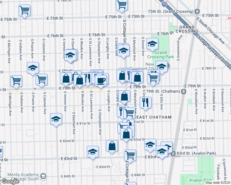 map of restaurants, bars, coffee shops, grocery stores, and more near 743 East 79th Street in Chicago