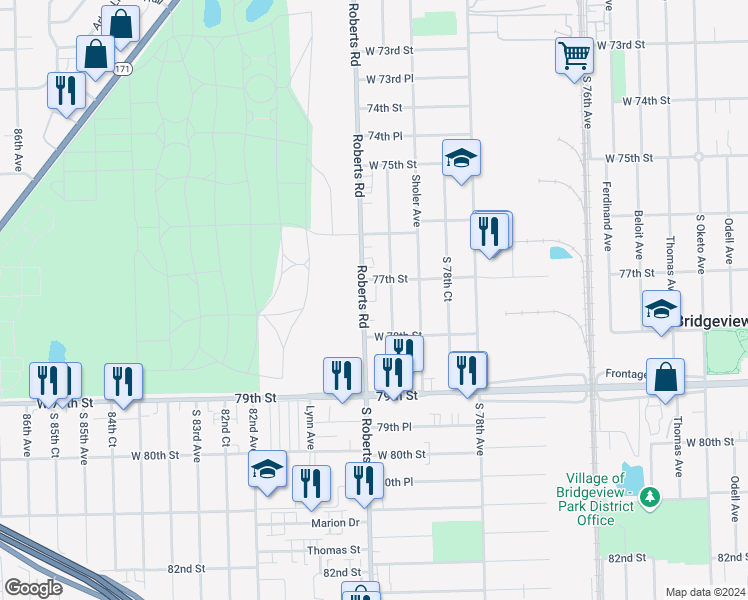 map of restaurants, bars, coffee shops, grocery stores, and more near 7707 Roberts Road in Bridgeview