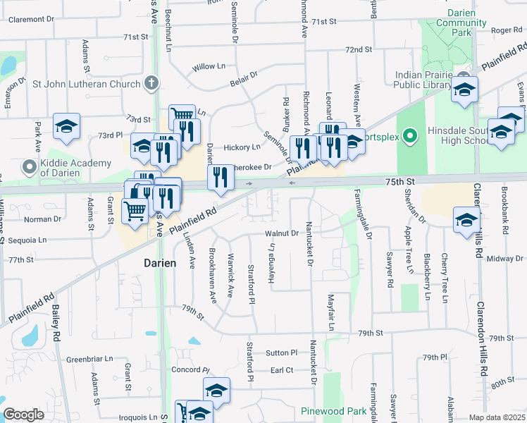 map of restaurants, bars, coffee shops, grocery stores, and more near 913 Plainfield Road in Darien