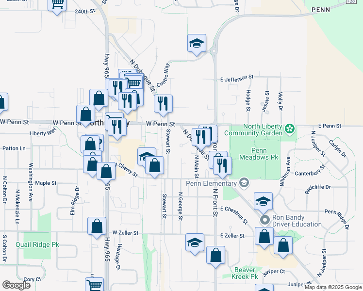 map of restaurants, bars, coffee shops, grocery stores, and more near 423 North Dubuque Street in North Liberty