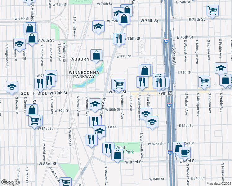 map of restaurants, bars, coffee shops, grocery stores, and more near 321 West 79th Street in Chicago