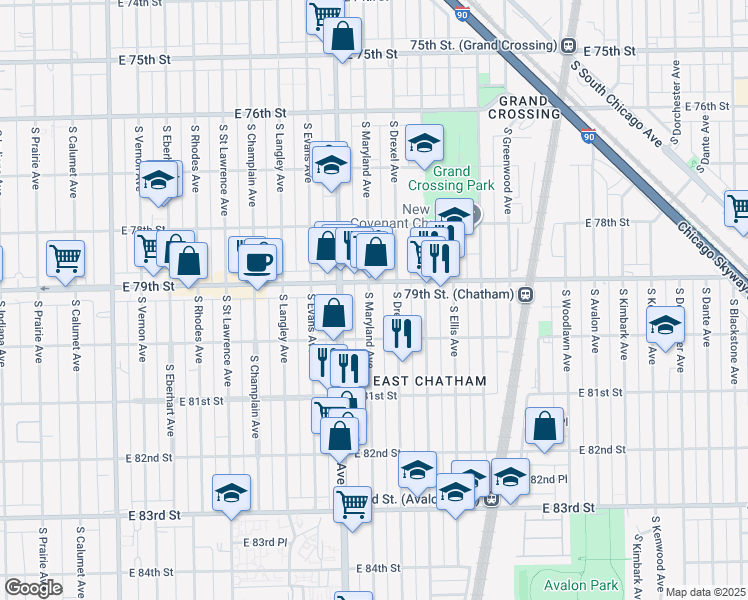map of restaurants, bars, coffee shops, grocery stores, and more near 7906 South Drexel Avenue in Chicago