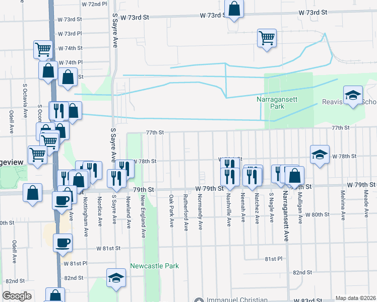 map of restaurants, bars, coffee shops, grocery stores, and more near 7726 Rutherford Avenue in Burbank