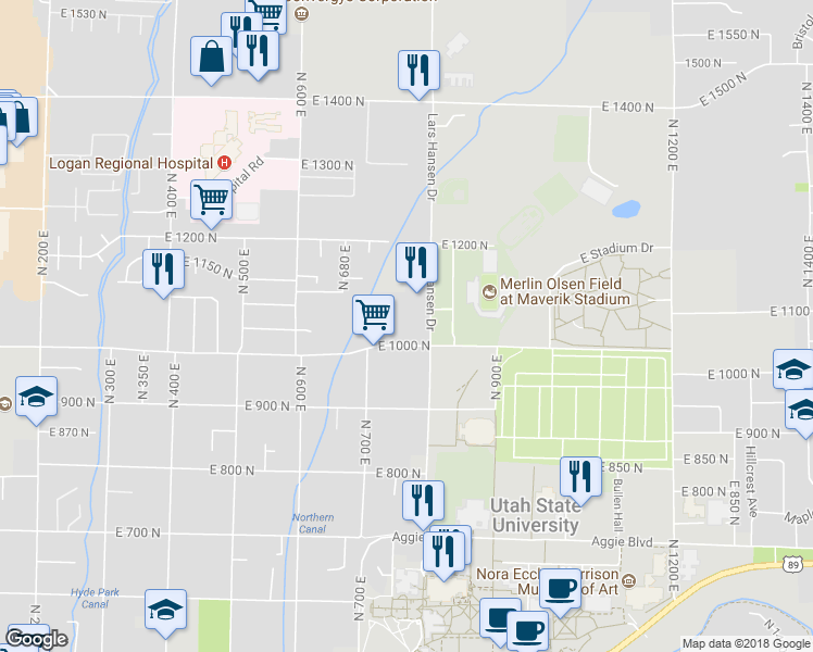 map of restaurants, bars, coffee shops, grocery stores, and more near 1025 North 800 East in Logan