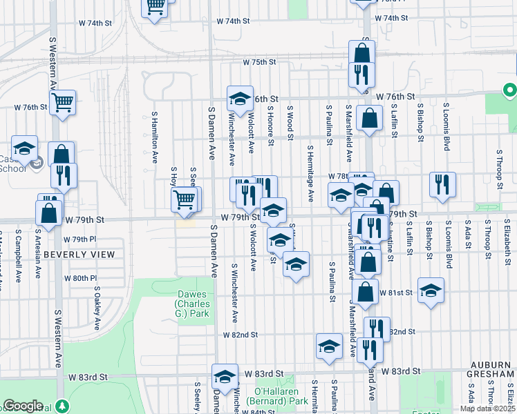 map of restaurants, bars, coffee shops, grocery stores, and more near 7847 South Wolcott Avenue in Chicago