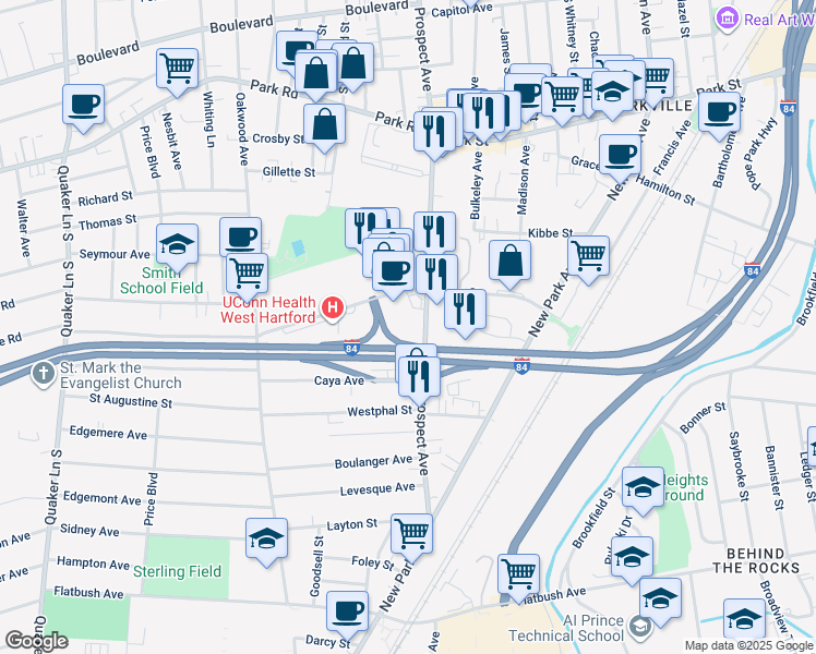 map of restaurants, bars, coffee shops, grocery stores, and more near 195 Prospect Avenue in Hartford