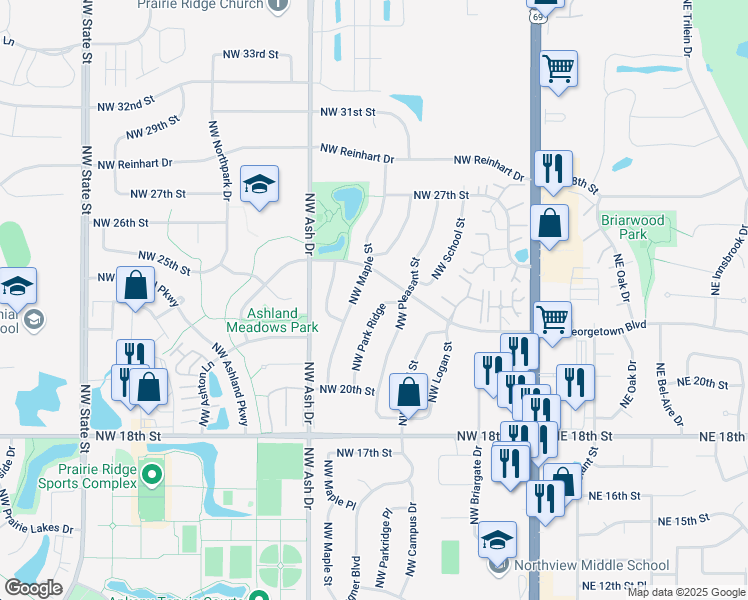 map of restaurants, bars, coffee shops, grocery stores, and more near 2321 Northwest Maple Street in Ankeny