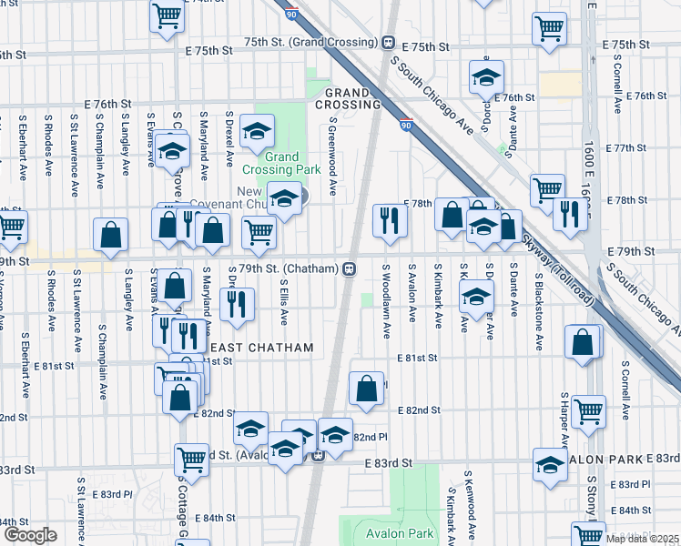 map of restaurants, bars, coffee shops, grocery stores, and more near 7921 South Greenwood Avenue in Chicago