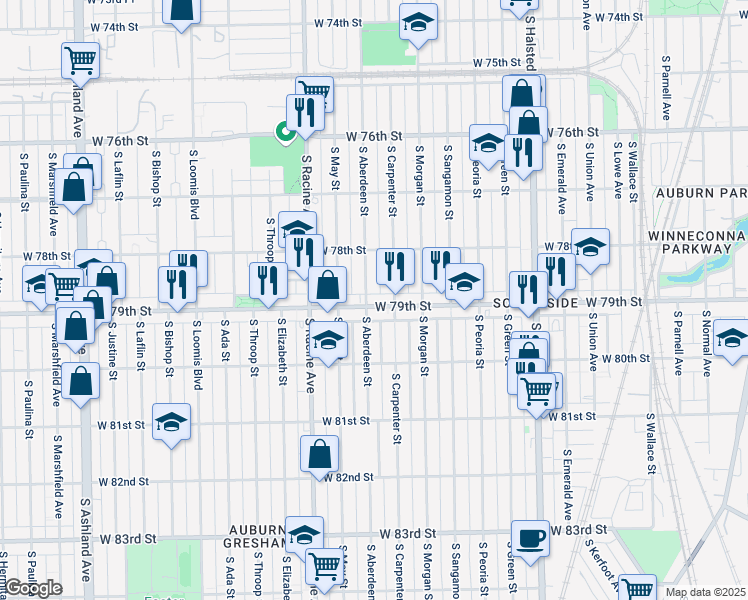 map of restaurants, bars, coffee shops, grocery stores, and more near 1050 West 79th Street in Chicago