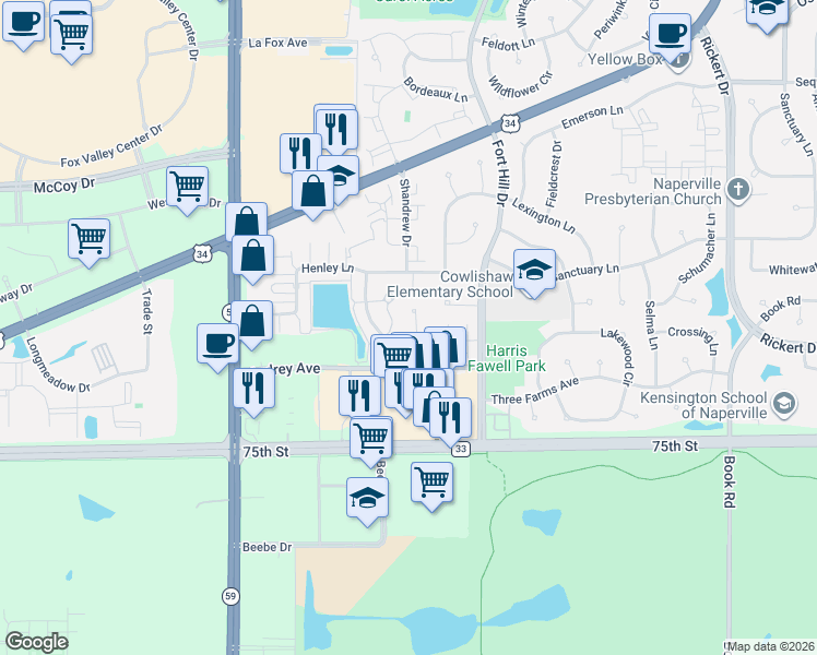 map of restaurants, bars, coffee shops, grocery stores, and more near 1026 Ravendale Court in Naperville