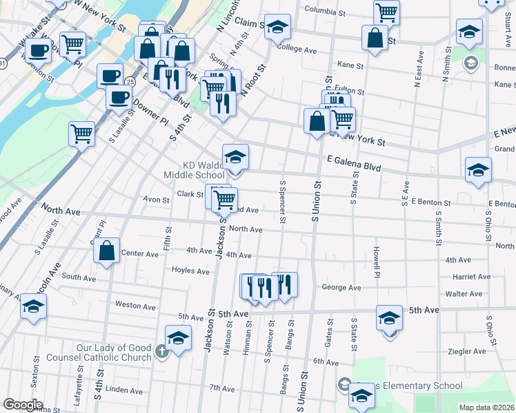 map of restaurants, bars, coffee shops, grocery stores, and more near 582 2nd Avenue in Aurora