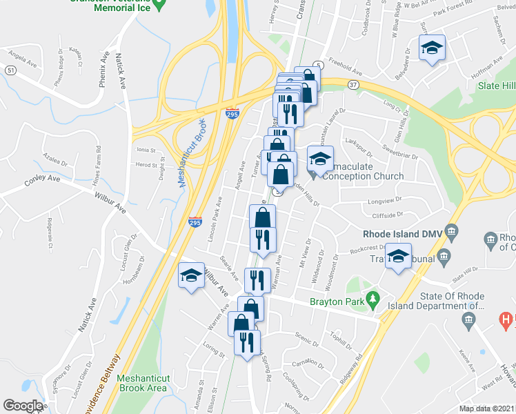 map of restaurants, bars, coffee shops, grocery stores, and more near 105 Vinton Avenue in Cranston