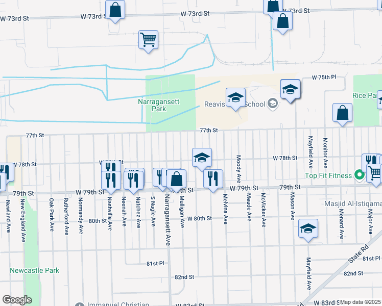 map of restaurants, bars, coffee shops, grocery stores, and more near 7741 Mulligan Avenue in Burbank
