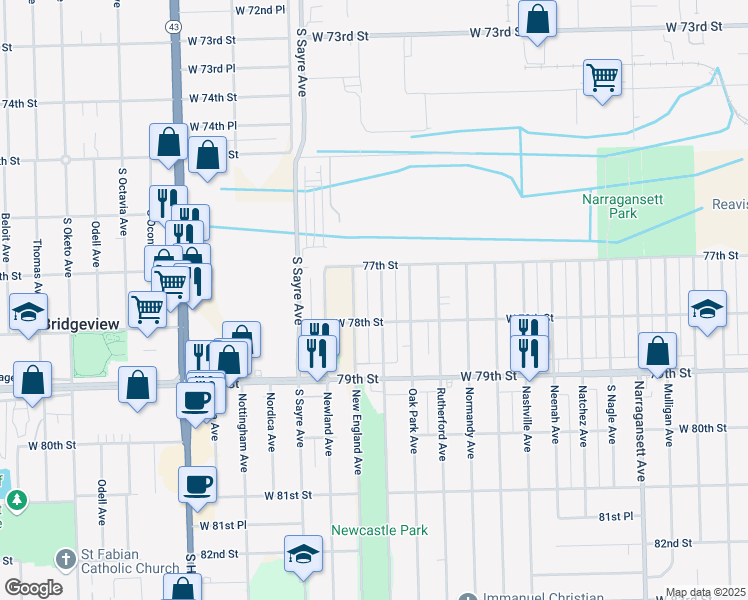 map of restaurants, bars, coffee shops, grocery stores, and more near 7727 New England Avenue in Burbank