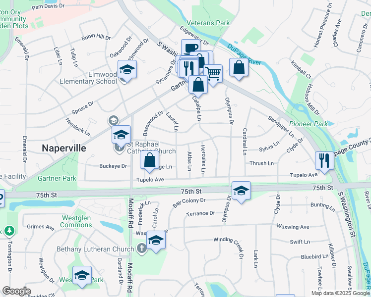 map of restaurants, bars, coffee shops, grocery stores, and more near 228 Tamarack Avenue in Naperville