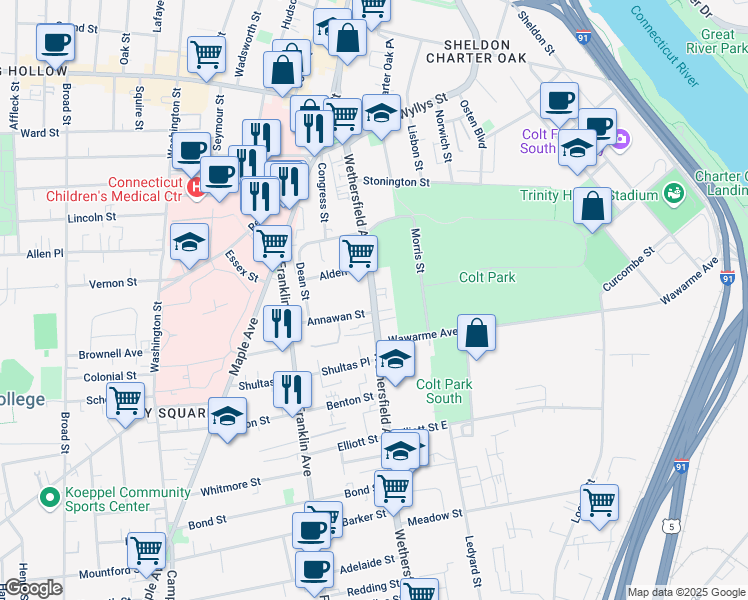 map of restaurants, bars, coffee shops, grocery stores, and more near 176 Wethersfield Avenue in Hartford