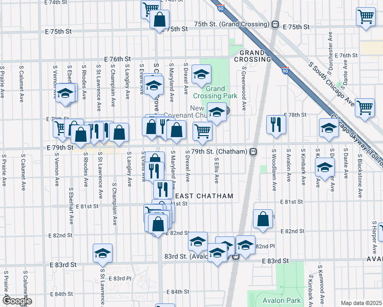 map of restaurants, bars, coffee shops, grocery stores, and more near 7917 South Drexel Avenue in Chicago