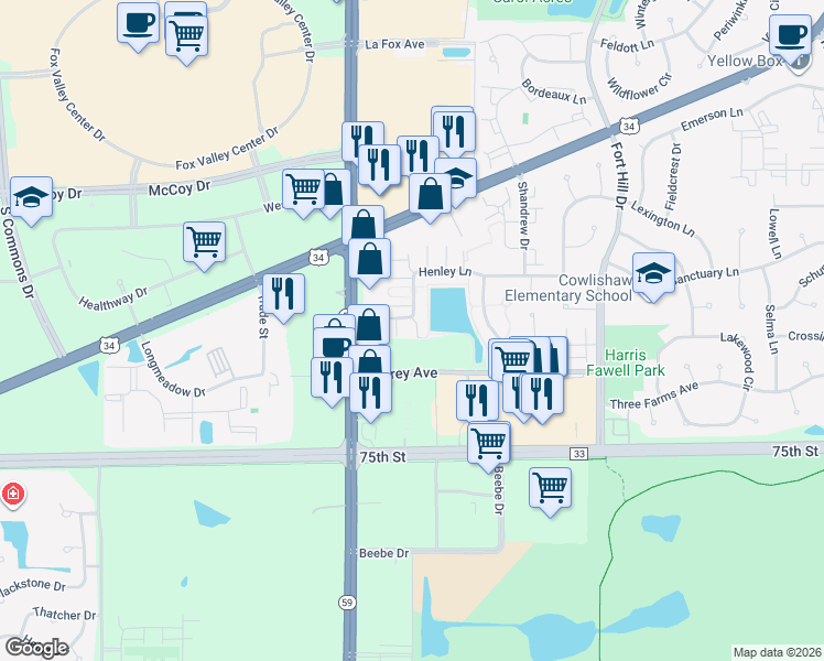 map of restaurants, bars, coffee shops, grocery stores, and more near 2956 Henley Lane in Naperville
