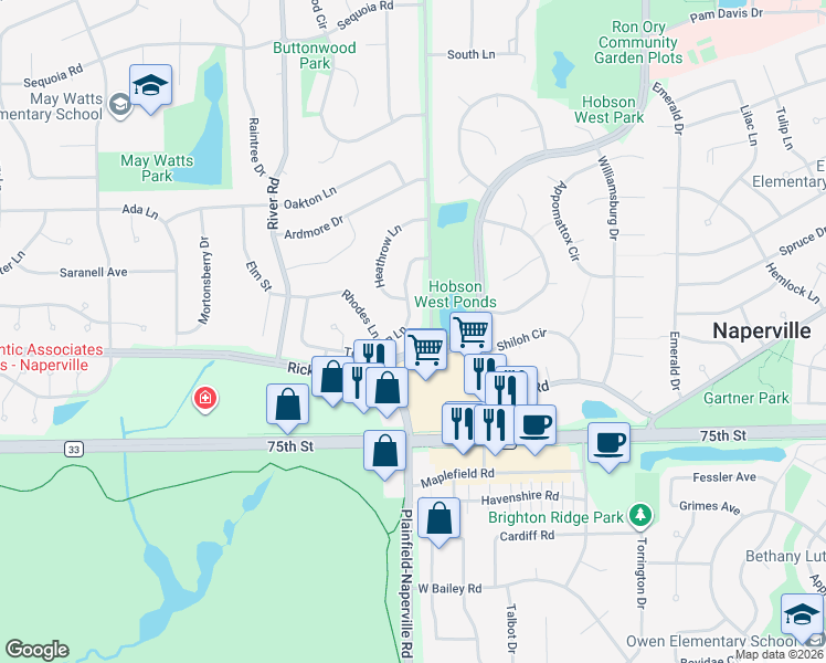 map of restaurants, bars, coffee shops, grocery stores, and more near 1142 Tennyson Lane in Naperville