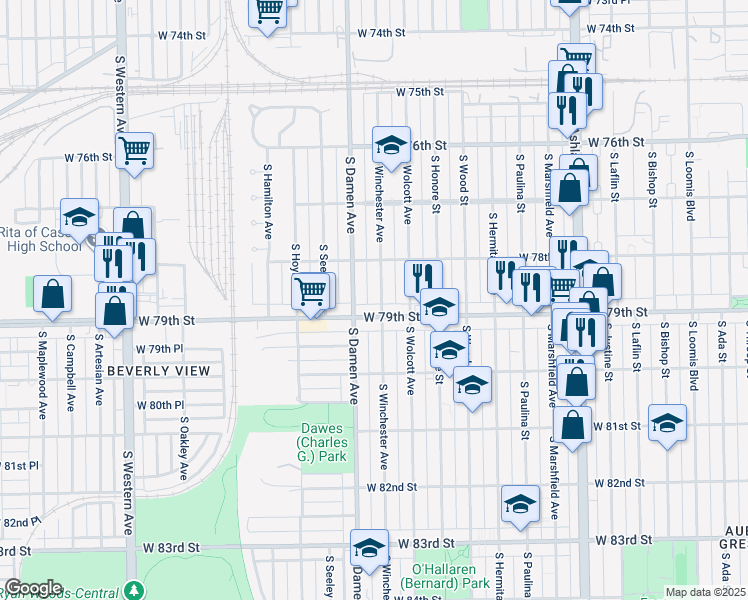 map of restaurants, bars, coffee shops, grocery stores, and more near 7842 South Winchester Avenue in Chicago