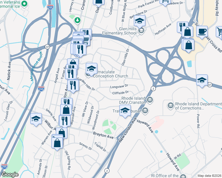 map of restaurants, bars, coffee shops, grocery stores, and more near 99 Longview Drive in Cranston